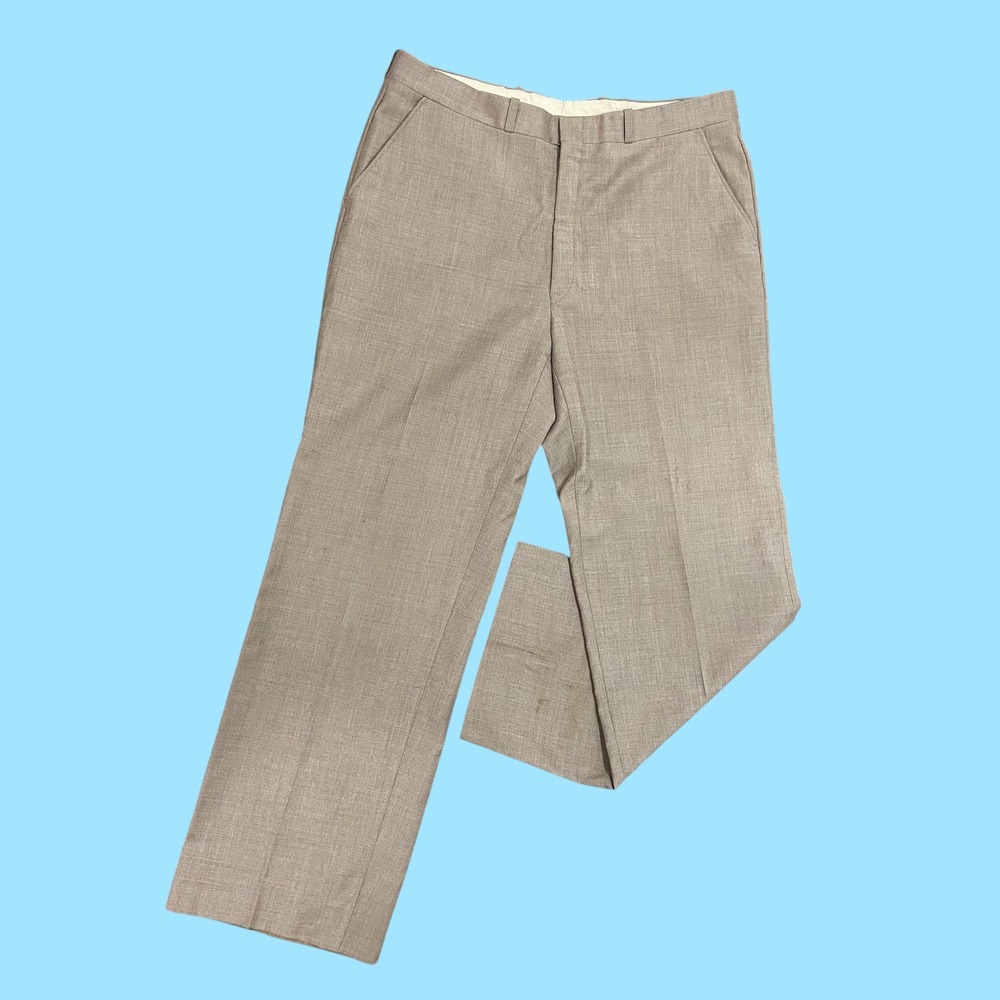 Vintage Pure Virgin Wool Dress Pants Men 35x29 Taupe Straight Leg Made in Canada